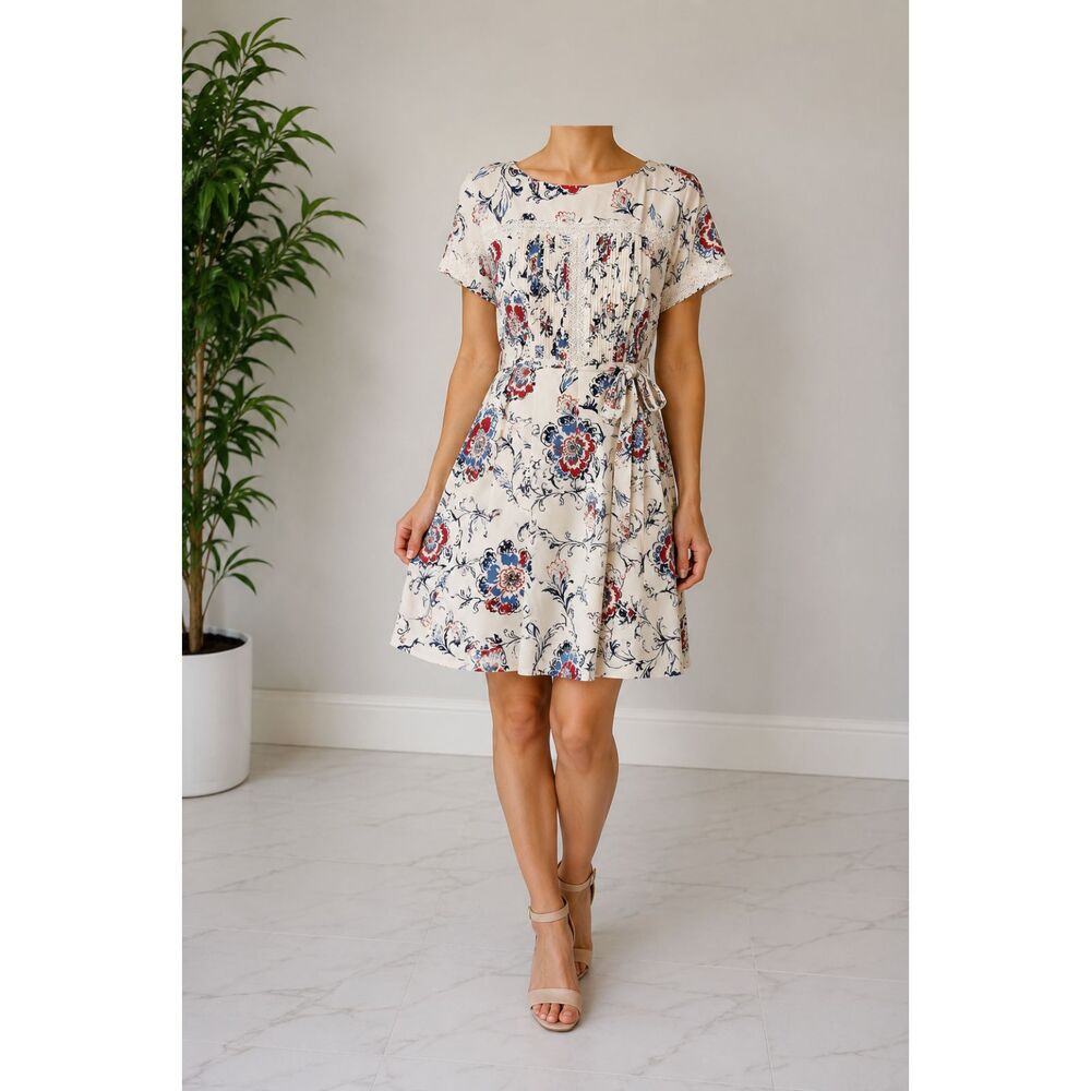 Ann Taylor Size 14 Ivory Floral Lace Trim Belted Fit & Flare Dress